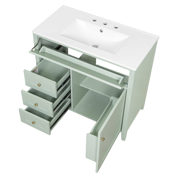 English Elm 36-Inch Green Bathroom Vanity With Sink - Modern Mdf & Rubberwood Freestanding Storage Solution N725P350821F