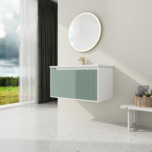 English Elm 36" Wall-Mounted Vanity with Ceramic Sink, Dual-Texture Wave Door, Soft-Close Hinges, Eco Plywood W999S00127