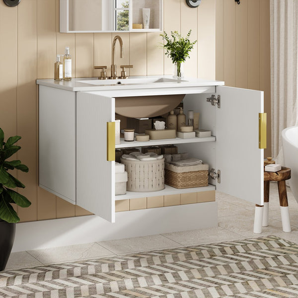 English Elm 30" Vintage Bathroom Vanity with Ceramic Sink — Wall-Mount MDF & Solid Wood Cabinet, Storage, Sleek Finish White N710P214100K
