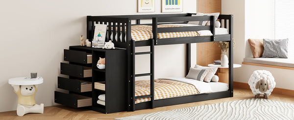 English Elm Twin Over Bunk Bed with Four Storage Drawers Open Shelving Kids Bedroom Espresso LT000167AAP-1