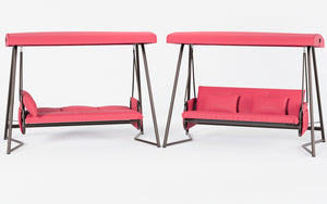 English Elm Outdoor 3 Seater Metal Swing Chair with Plush Cushion, Convertible Bed, Breathable Teslin Fabric Canopy Durable Suspension System Quiet Swing for Patio and Garden Comfort 3-Person Seating Red W400P149696