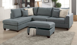 English Elm Beautiful 3-pcs Sectional Sofa with Reversible Chaise and Storage Ottoman Plush Summer Hues Comfort Steel Gray 76 L x 35 W x 16 H B011S01054