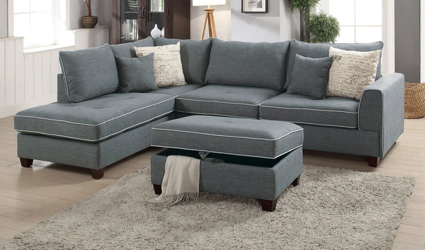 English Elm Beautiful 3-pcs Sectional Sofa with Reversible Chaise and Storage Ottoman Plush Summer Hues Comfort Steel Gray 76 L x 35 W x 16 H B011S01054