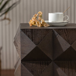 English Elm 23.62"Height Vintage Embossed Retro Side Table with Three-Dimensional Carved Pattern Durable Wood Nightstand Brown W757P250946