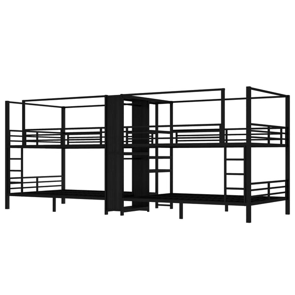English Elm Queen Size Quadruple Metal Bunk Bed With Storage, Noise-Reducing Design & Sturdy Black Frame W1580S00156-GIGA