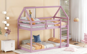 English Elm Twin Rubber Wood Floor Bunk Bed House-Shaped Design with Ladder Guardrails Sturdy Low-Profile Retreat Pink W504P206867