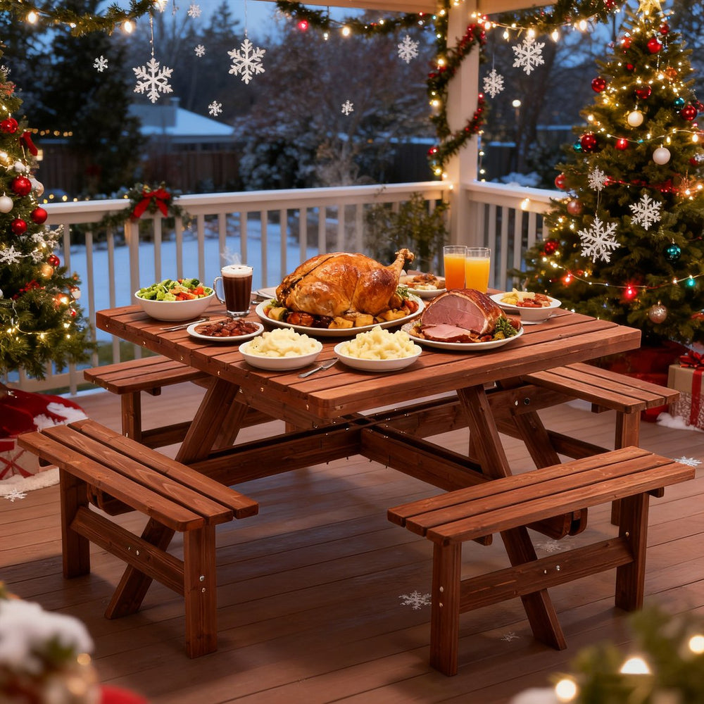 English Elm 8-person Square Wood Picnic Table with Umbrella Hole Reinforced Outdoor Dining Set W1422P392906