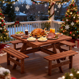 English Elm 8-person Square Wood Picnic Table with Umbrella Hole Reinforced Outdoor Dining Set W1422P392906