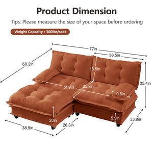 English Elm 77" L-shaped Chenille Cloud Sectional Sofa with Ottoman Deep Cushioned Modular Couch Orange W714S01735