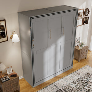English Elm Rotating Queen Murphy Wall Bed with 14 Open Shelves Hydraulic Lift Space Saving Gray LP000962AAE