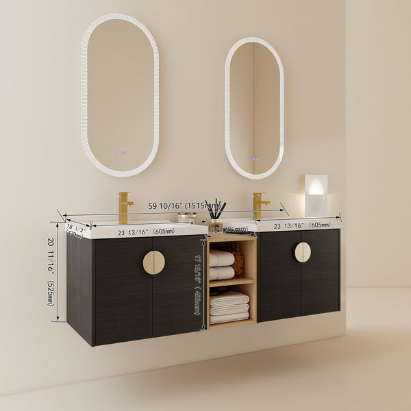 English Elm 60 Inch Soft Close Doors Bathroom Vanity Set With Ceramic Sink, Storage Shelves & Modern Design W999S00138