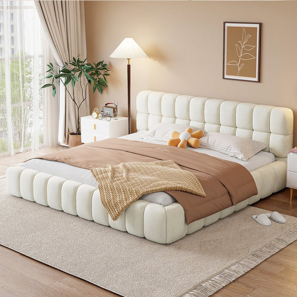 English Elm King Channel Stitched Linen Platform Bed Low Profile Contemporary Upholstered Frame Beige N737P387605A