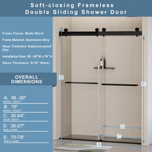 English Elm 56-60 in Frameless Double Sliding Shower Door 8mm Tempered Glass Matte Black Soft Close W1920P181719