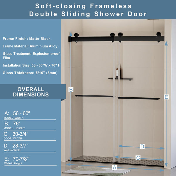 English Elm 56-60 in Frameless Double Sliding Shower Door 8mm Tempered Glass Matte Black Soft Close W1920P181719
