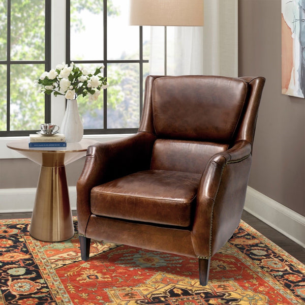 Pasargad Home Baker Wing Chair - Vintage Cigar Brown Leather With Elegant Dark Wood Legs Brown Leather Chair-900