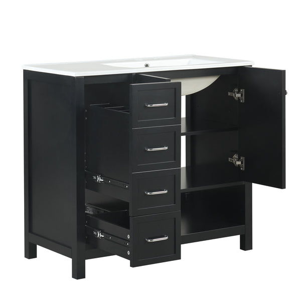 English Elm 36" Freestanding Bathroom Vanity Solid Wood Mdf Cabinet Ceramic Undermount Sink Open Shelf Black N725P364203B
