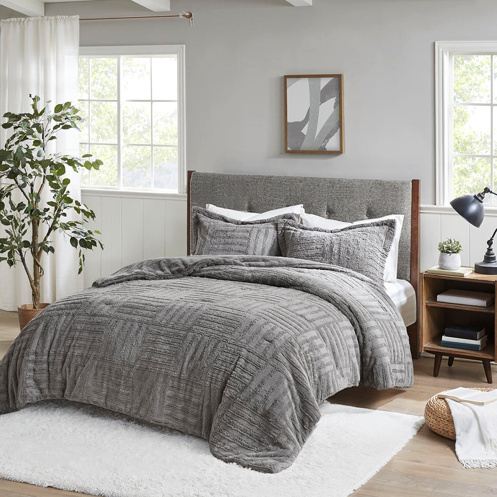 JLA Home Madison Park - Fur Arctic Faux Fur Comforter Mini Set with Checkerboard Texture, OEKO-TEX, Machine Washable Warmth Grey BASI10-0409
