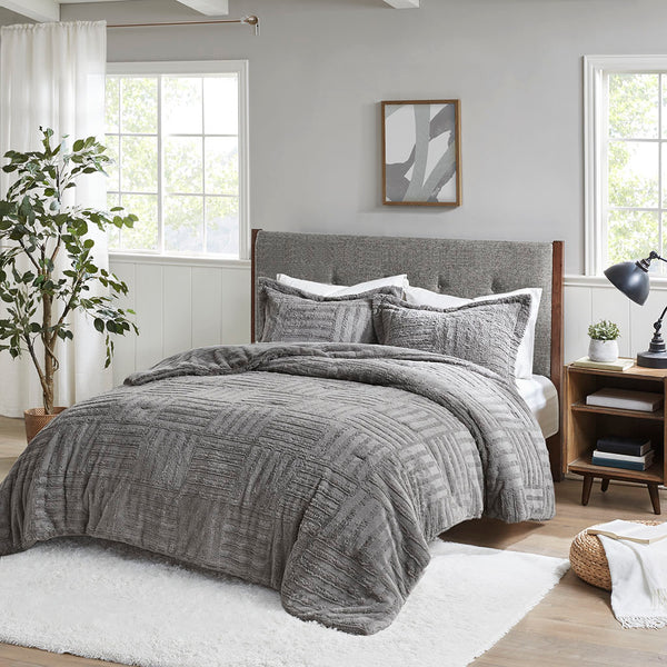 JLA Home Madison Park - Fur Arctic Faux Fur Comforter Mini Set with Checkerboard Texture, OEKO-TEX, Machine Washable Warmth Grey BASI10-0409