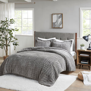 JLA Home Madison Park - Fur Arctic Faux Fur Comforter Mini Set — Plush Checkerboard Texture, OEKO‑TEX, Machine Washable Cozy Grey BASI10-0408
