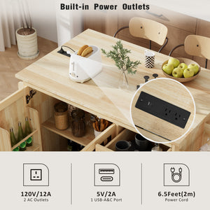 English Elm K&K Vintage Woven Checkerboard Kitchen Island 53.2" with Drop Leaf, Power Outlet, 5 Wheels, Storage N707P215328Y