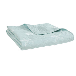 JLA Home Harbor House Blue - 4 Cotton Reversible Embroidered Quilt Set with Coastal Starfish & Seashell Motifs, OEKO-TEX Certified Aqua HH13-1547