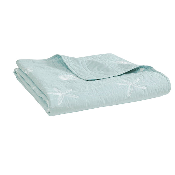 JLA Home Harbor House Blue - 4 Cotton Reversible Embroidered Quilt Set with Coastal Starfish & Seashell Motifs, OEKO-TEX Certified Aqua HH13-1547