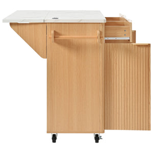 English Elm K&k Fluted Rolling Kitchen Island Faux Marble Top Power Outlet Drop Leaf Storage Natural N707S000019Y