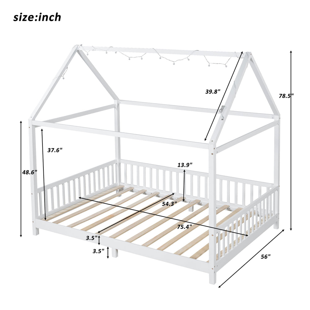English Elm Wood Full Size House Bed with Guardrail, LED Lights & Sturdy Pine Frame for Kids Room Safety and Style N709P177524K