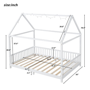 English Elm Wood Full Size House Bed with Guardrail, LED Lights & Sturdy Pine Frame for Kids Room Safety and Style N709P177524K