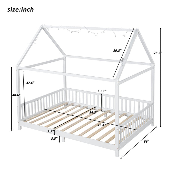 English Elm Wood Full Size House Bed with Guardrail, LED Lights & Sturdy Pine Frame for Kids Room Safety and Style N709P177524K