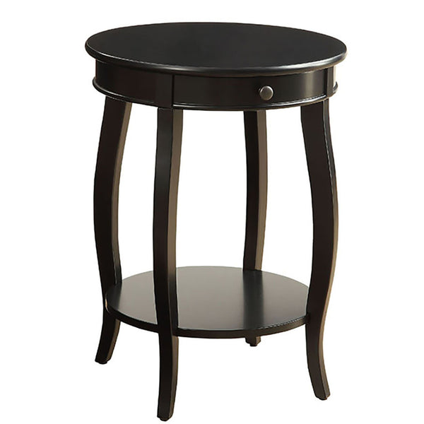 English Elm Black End Table with Drawer and Shelf — Round Top, Cabriole Legs, Solid Wood Accent for Living Room B062P189134