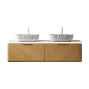 English Elm Dina 60 Inch Floating Bathroom Vanity Sintered Stone Top Dual Glass Basins Wood Grain W2615S00535