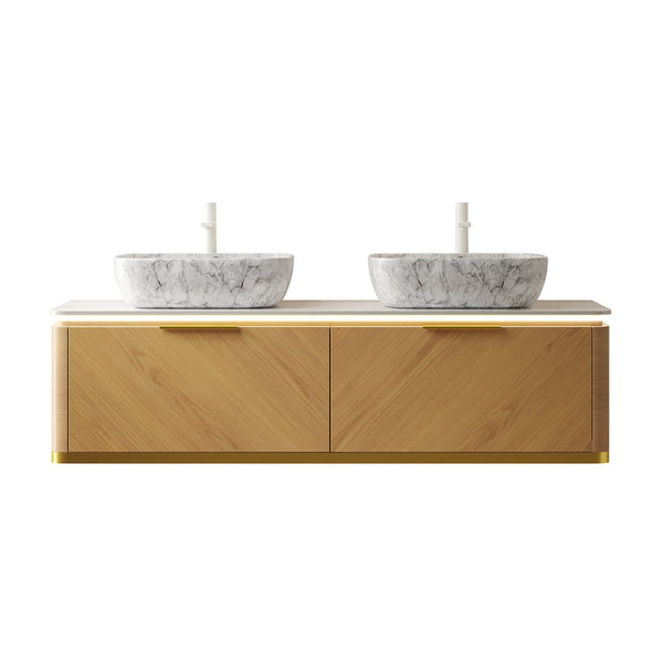 English Elm Dina 60 Inch Floating Bathroom Vanity Sintered Stone Top Dual Glass Basins Wood Grain W2615S00535