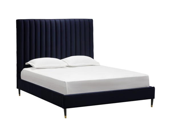 Sunpan Yosi Bed - Elegant Structured Design with Tufted Headboard and Antique Brass Accents for Comfort Queen