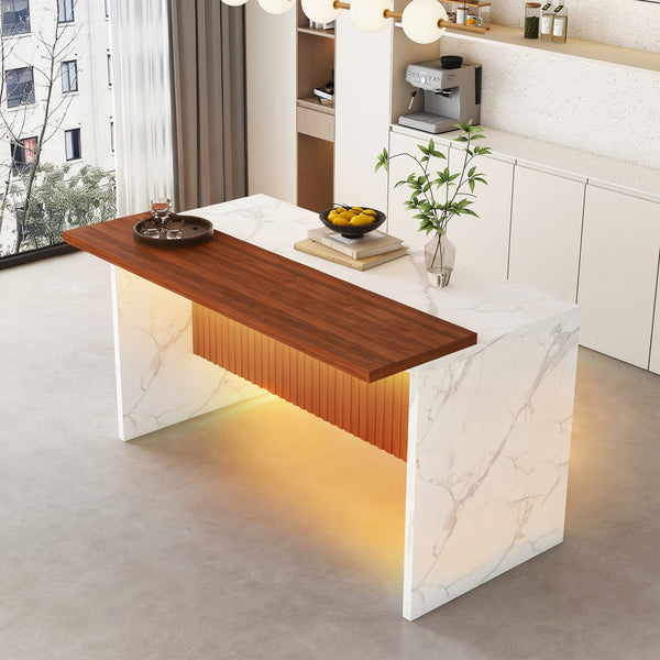 English Elm 63" Modern Kitchen Island with Black Marble-Look Surface, LED Ambient Lighting & Grille Accent White+Walnut W2699P365916