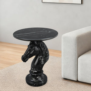 English Elm Horse Head Sculpted Resin End Table with Faux Marble Top for Bold Living Rooms Black W5398P454679