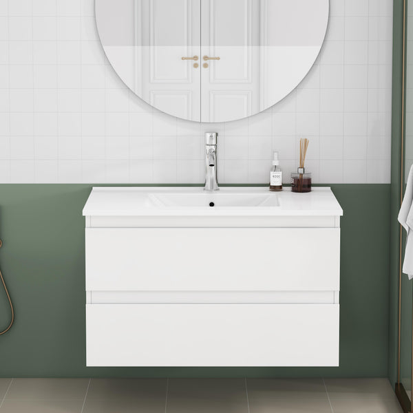 English Elm 31.5-inch Modern Bathroom Vanity with Integrated Ceramic Basin, Soft-Close Drawers, Black Accents Glossy White 35.04 L x 21.06 W x 6.89 H W3151S00064