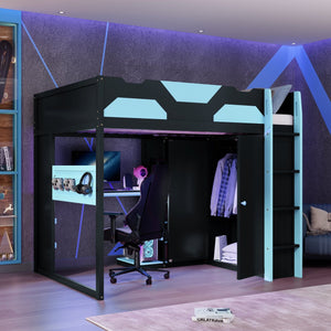 English Elm Full Size Loft Bed with Rgb Lighting Usb Charging Desk Wardrobe and Storage Shelves Blue LT000387AAC