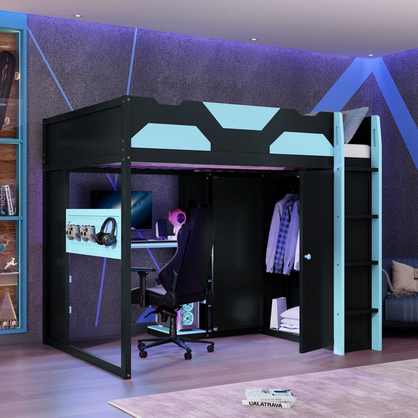 English Elm Full Size Loft Bed with Rgb Lighting Usb Charging Desk Wardrobe and Storage Shelves Blue LT000387AAC