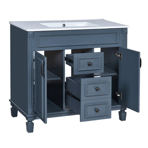 English Elm 36'' Bathroom Vanity with Sink and Mirror Cabinet, Modern MDF & Solid Wood Design, Ceramic Top, Soft-Close Doors Blue SW000115AAC-1