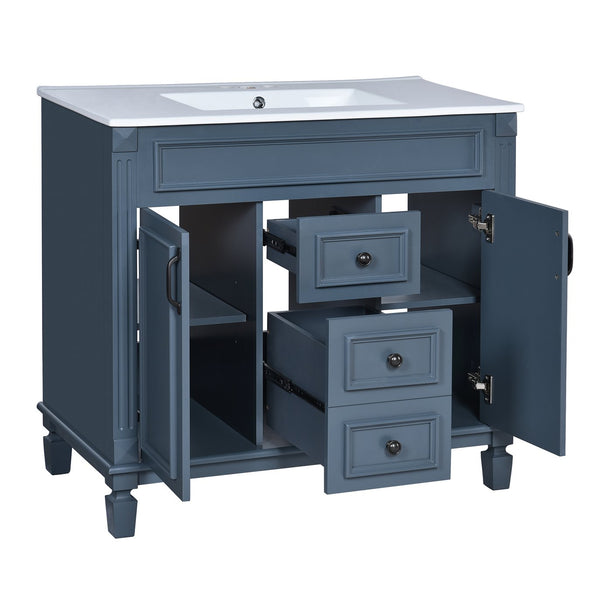 English Elm 36'' Bathroom Vanity with Sink and Mirror Cabinet, Modern MDF & Solid Wood Design, Ceramic Top, Soft-Close Doors Blue SW000115AAC-1
