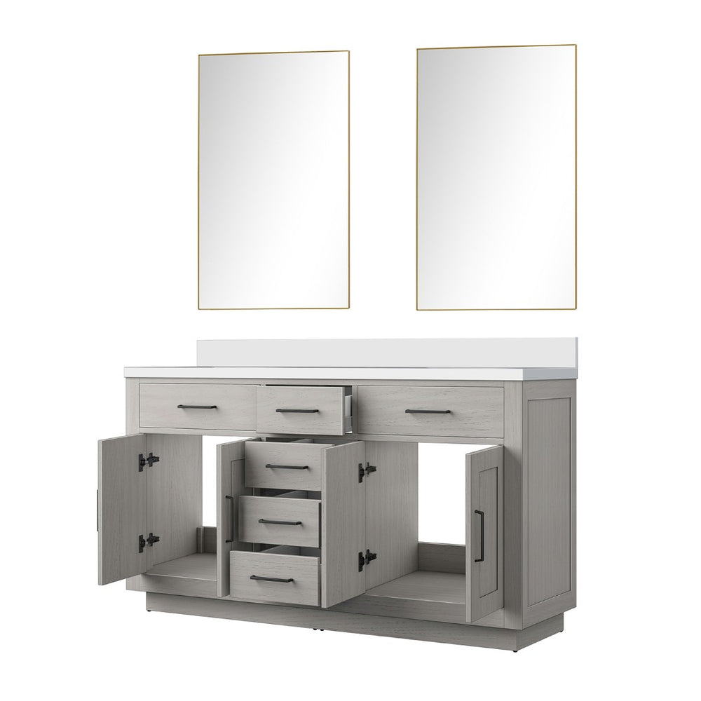 English Elm White Oak Double Bath Vanity Set With Cultured Marble Top & 55-Inch Frameless Mirror For Elegance B2731S01412-GIGA