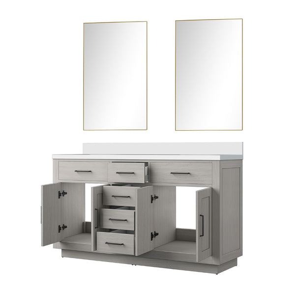 English Elm White Oak Double Bath Vanity Set With Cultured Marble Top & 55-Inch Frameless Mirror For Elegance B2731S01412-GIGA