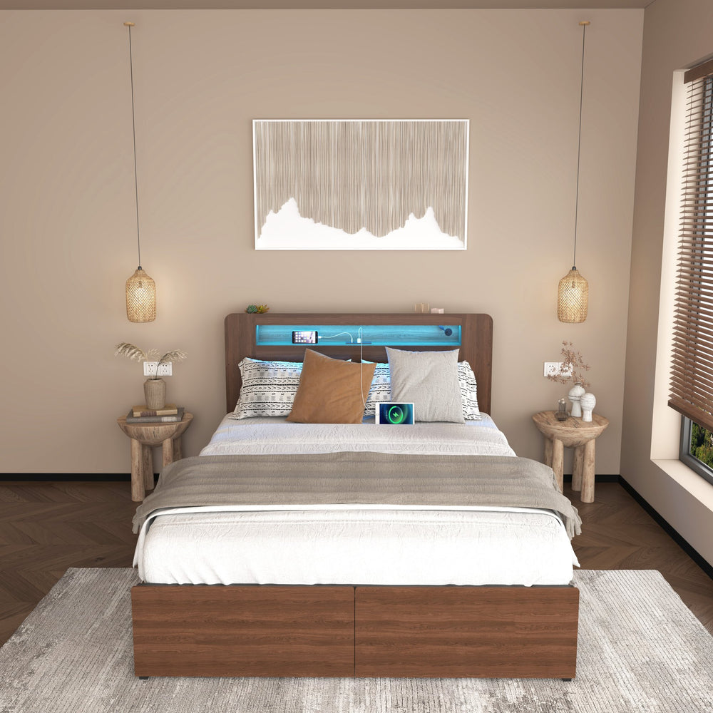English Elm Wooden Queen Platform Bed Farmhouse Bookcase Headboard Led Storage Drawers Charging Hub W2129P390129