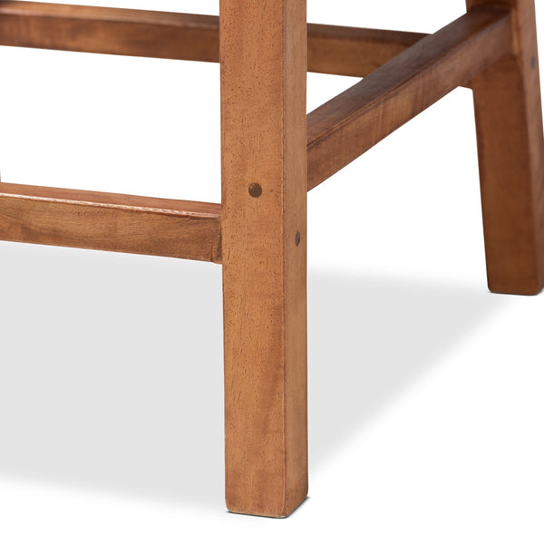 English Elm Mid-century Modern Mahogany Wood Counter Stool with Woven Rattan Back Panel B2750P470061