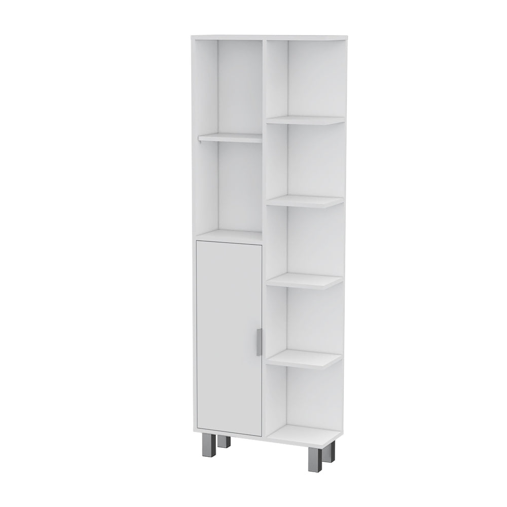 English Elm FM FURNITURE Quimby Linen Cabinet White – 1 Door, 9 Shelves, Durable Particleboard, Easy Assembly, Timeless Bath Storage B128P321052
