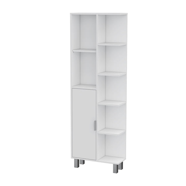 English Elm FM FURNITURE Quimby Linen Cabinet White – 1 Door, 9 Shelves, Durable Particleboard, Easy Assembly, Timeless Bath Storage B128P321052