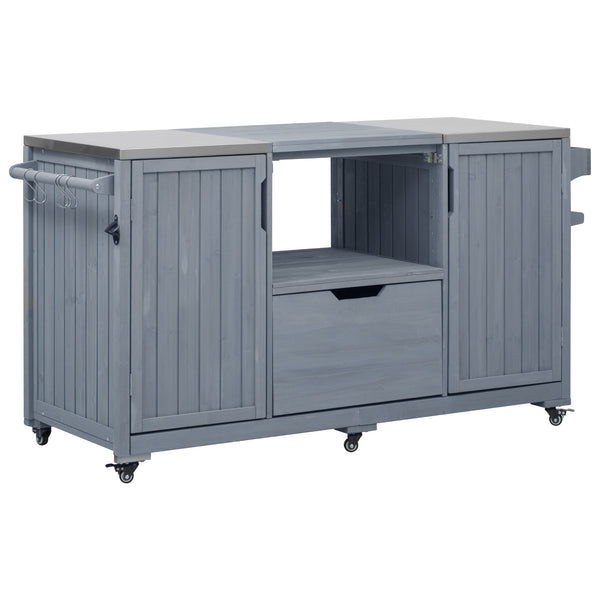 English Elm K&K 66.5" Outdoor Kitchen Island with 1.2" Stainless Steel Top, Ample Storage, Wheels & Bottle Opener Grey+Blue N707P250629G