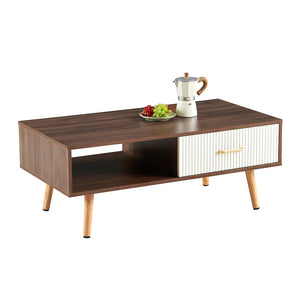 English Elm Rectangle Coffee Table With Solid Wood Legs & Sliding Drawer - Modern Walnut Design For Living Room W1265P236879-GIGA