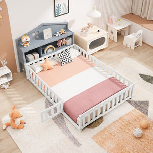 English Elm Headboard Storage Cabinet for Full-Size Montessori Floor Bed with Built-In Shelves and Easy Mounting Grey 56.3 L x 17.32 W x 5.31 H W1716P181578